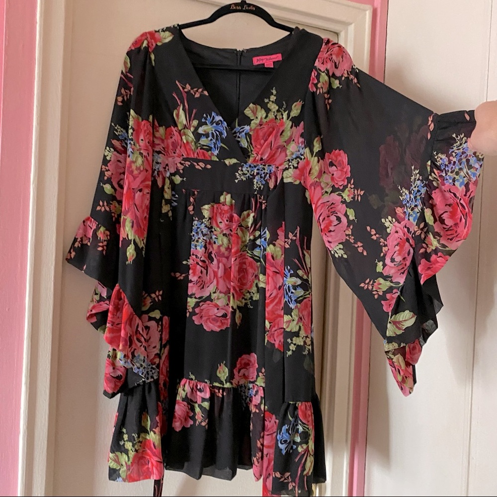 Betsey Johnson Black Floral Print Dress w Loose, Flowy Sleeves and Mesh Overlay
